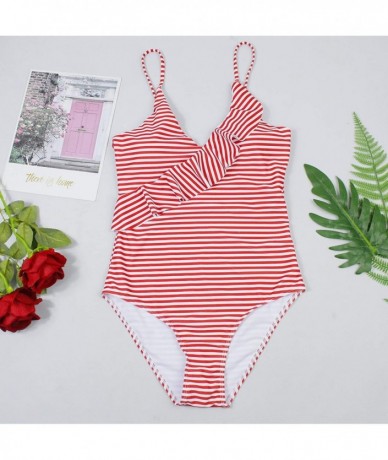 One-Pieces Fashion One Piece Halter Swimsuit Ruffle Deep V Bathing Suit Padded Monokini - B-red - CF18MDKG2MM $48.08