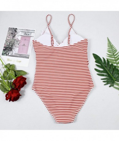 One-Pieces Fashion One Piece Halter Swimsuit Ruffle Deep V Bathing Suit Padded Monokini - B-red - CF18MDKG2MM $48.08