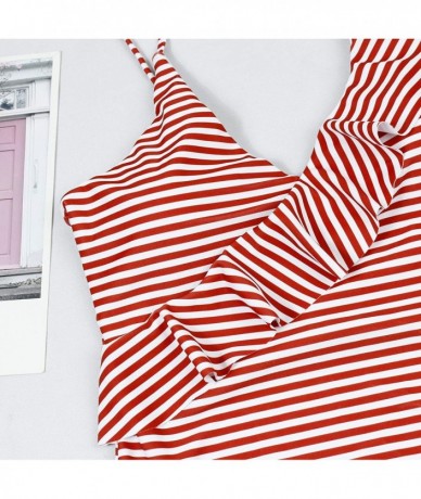 One-Pieces Fashion One Piece Halter Swimsuit Ruffle Deep V Bathing Suit Padded Monokini - B-red - CF18MDKG2MM $48.08