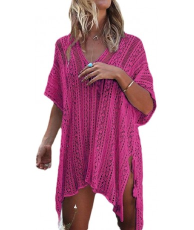 Cover-Ups Womens Cover-up Batwing Sleeve Bikinis Bathing Suit Knit Beach Dress - Rose Red - C819D7SUHL5 $38.69