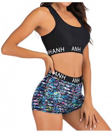 Tankinis Swimsuit Two Pieces Athletic Swimwear Women Racerback Sport Bra Tank Tops Boyshorts Bikini Push Up Bathing Suit Blac...