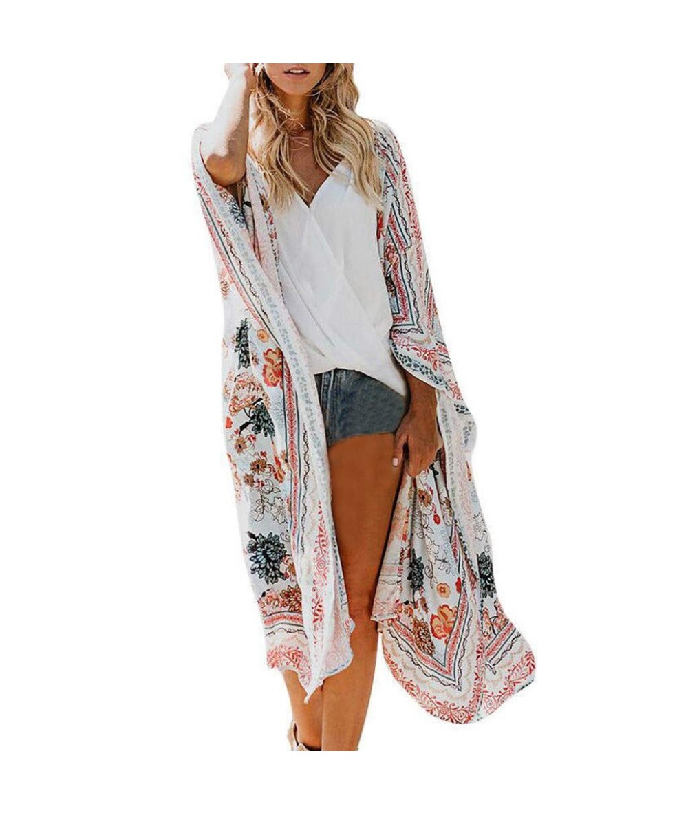 Cover-Ups Fashion Womens Chiffon Shawl Print Kimono Cardigan Top Cover Up Blouse Beachwear - White - C6190TKQO94 $35.60