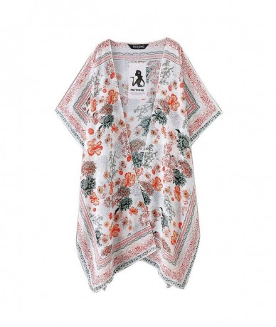 Cover-Ups Fashion Womens Chiffon Shawl Print Kimono Cardigan Top Cover Up Blouse Beachwear - White - C6190TKQO94 $35.60