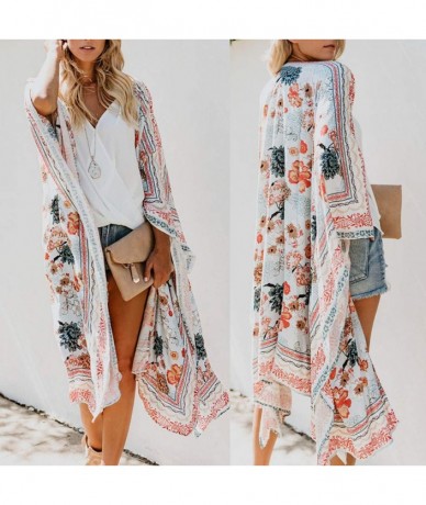 Cover-Ups Fashion Womens Chiffon Shawl Print Kimono Cardigan Top Cover Up Blouse Beachwear - White - C6190TKQO94 $35.60