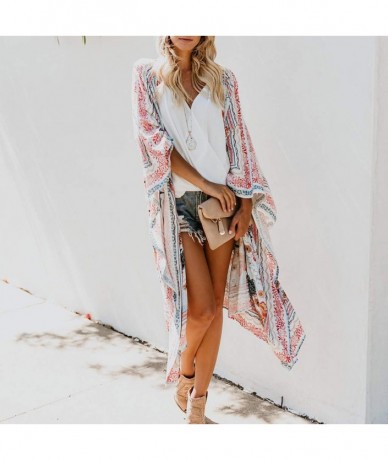 Cover-Ups Fashion Womens Chiffon Shawl Print Kimono Cardigan Top Cover Up Blouse Beachwear - White - C6190TKQO94 $35.60