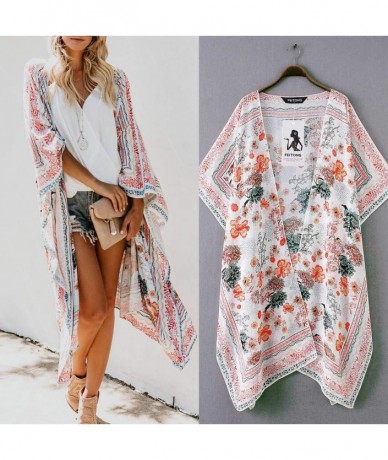 Cover-Ups Fashion Womens Chiffon Shawl Print Kimono Cardigan Top Cover Up Blouse Beachwear - White - C6190TKQO94 $35.60