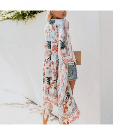 Cover-Ups Fashion Womens Chiffon Shawl Print Kimono Cardigan Top Cover Up Blouse Beachwear - White - C6190TKQO94 $35.60