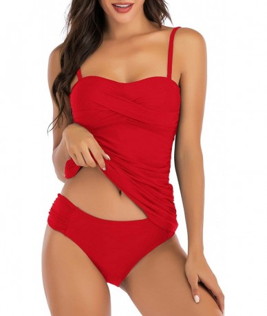 Tankinis Tankini Swimsuits for Women Plus Size Swimwear Tummy Control Two Piece Bathing Suits - Red - CB1906HU63K $45.15