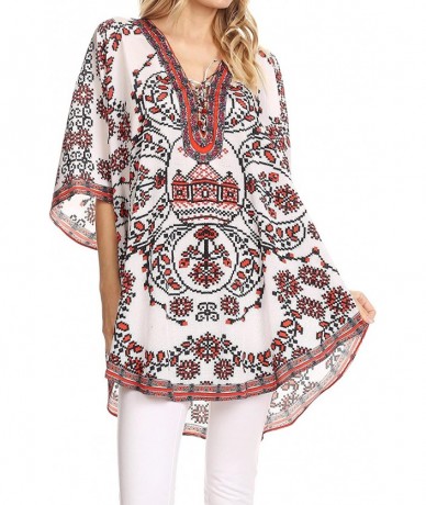 Cover-Ups Tallulah Wide Circle Blouse V Neck Top with Tassle Ties and Rhinestones - Black / White - CY12NS79ZSM $68.42