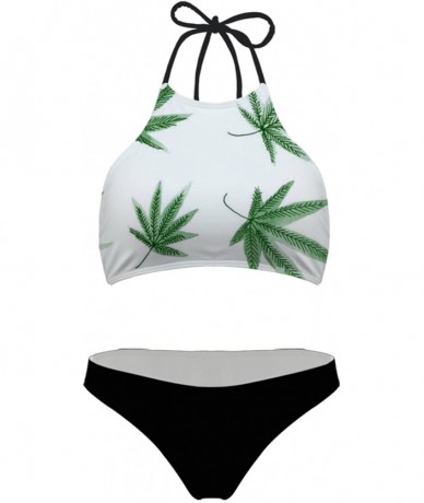 Sets Women Marijuana Leaf Tops Halter Swimsuit Brazilian Bikini Black Bottoms - P1679 - CR18DNECOU6 $44.02