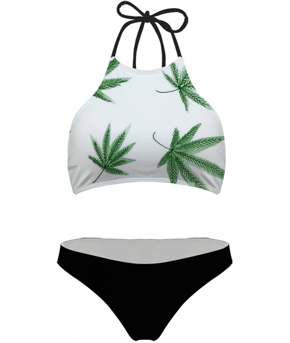 Sets Women Marijuana Leaf Tops Halter Swimsuit Brazilian Bikini Black Bottoms - P1679 - CR18DNECOU6 $44.02