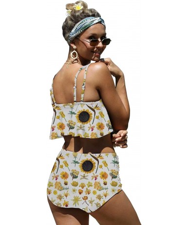 Sets Womens Colorful Sunflowers Botany Print Flounce Bikini Push up High Waisted Swimsuits - White-4 - C3196MCUEKI $64.67