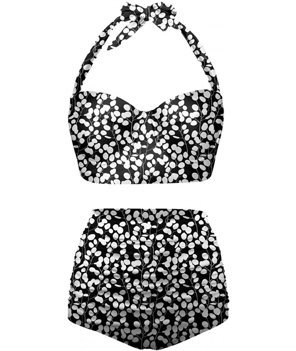 Racing Women's Halter Summer Bright Floral Print Funny Swimsuits High Waisted Bikini Set - Black+white-1 - C8196D30U8M $66.14