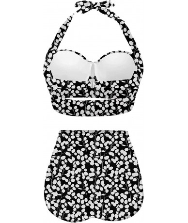 Racing Women's Halter Summer Bright Floral Print Funny Swimsuits High Waisted Bikini Set - Black+white-1 - C8196D30U8M $66.14