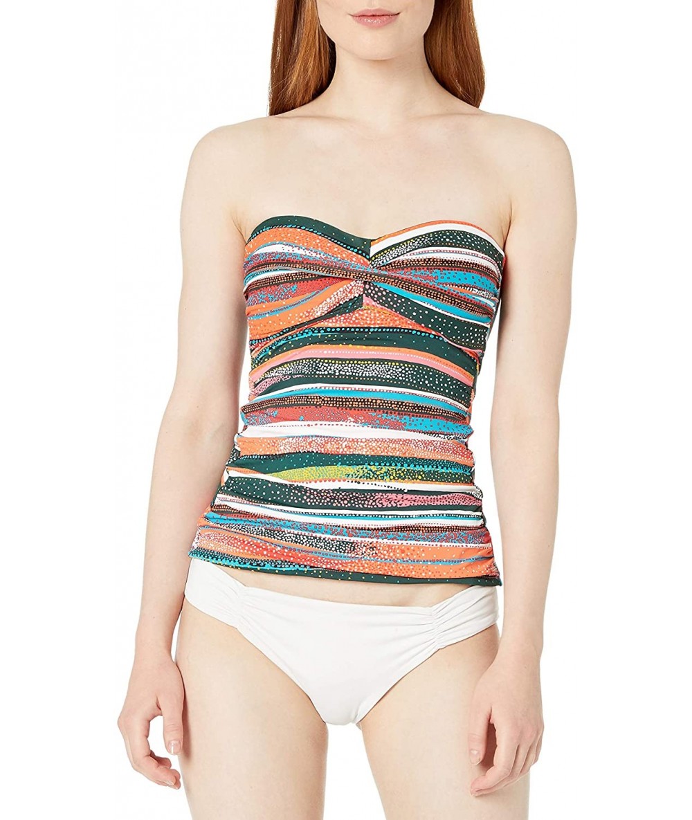 Tops Women's Twist Front Shirred Bandeau Tankini Swim Top - Sand Stripe - CP18ZQ7KWCZ $44.62