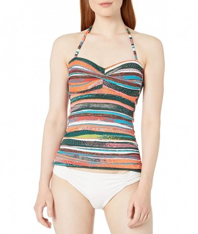 Tops Women's Twist Front Shirred Bandeau Tankini Swim Top - Sand Stripe - CP18ZQ7KWCZ $44.62