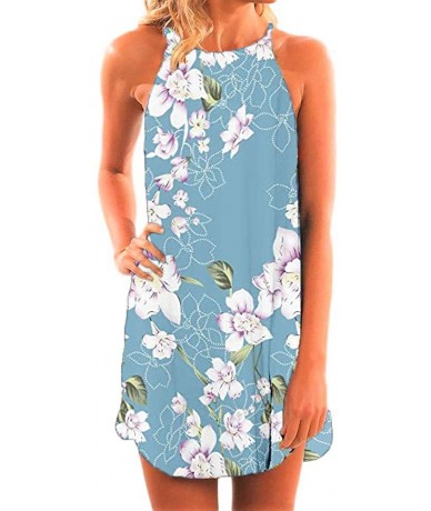 Cover-Ups Women's Casual Sleeveless Floral Mini Dress Summer Beach Halter Neck Dresses - Light Blue - CT18TU9Y0G5 $37.22