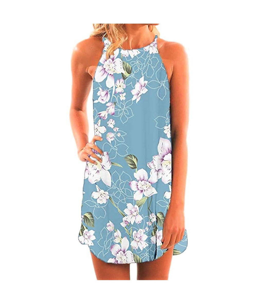 Cover-Ups Women's Casual Sleeveless Floral Mini Dress Summer Beach Halter Neck Dresses - Light Blue - CT18TU9Y0G5 $37.22