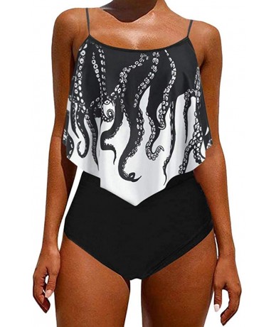 Sets Women's Swimsuit Two Piece Bathing Suits Ruffled Top with High Waisted Bottom Bikini Sets Swimwear Tankini Black - CR190...