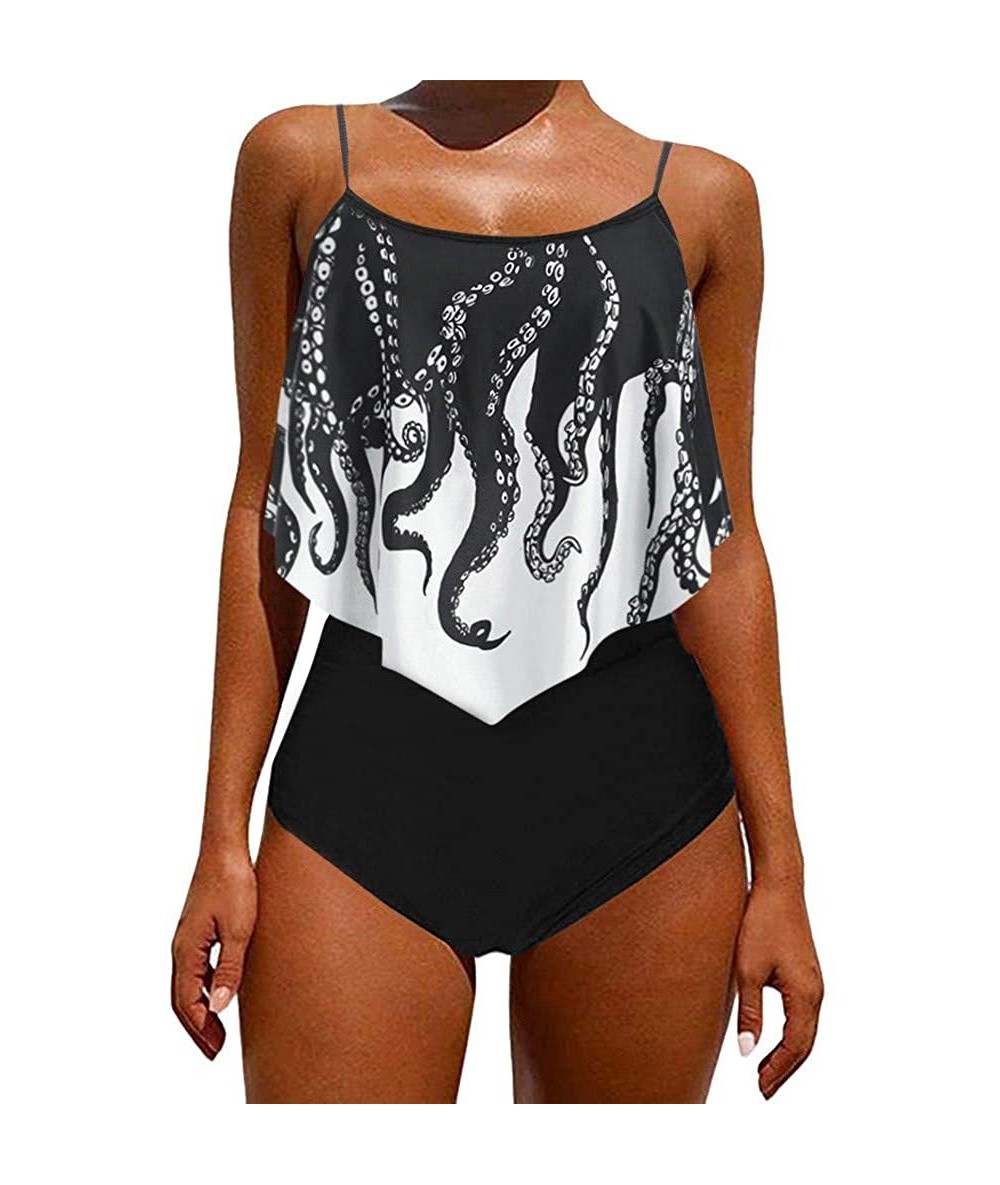 Sets Women's Swimsuit Two Piece Bathing Suits Ruffled Top with High Waisted Bottom Bikini Sets Swimwear Tankini Black - CR190...