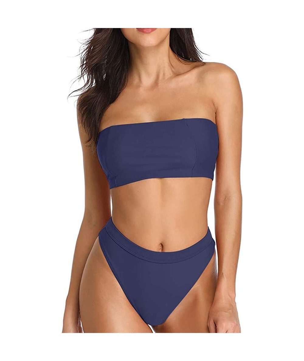 Sets Women's Bandeau High Waisted Sexy High Cut Two Pieces Bikini Swimwear Bathing Suit - Midnight Blue - CQ18E8TKDTR $43.24