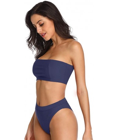 Sets Women's Bandeau High Waisted Sexy High Cut Two Pieces Bikini Swimwear Bathing Suit - Midnight Blue - CQ18E8TKDTR $43.24