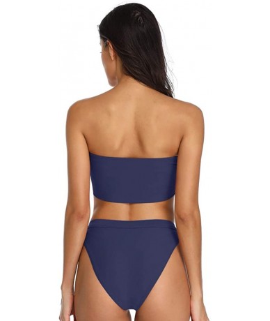 Sets Women's Bandeau High Waisted Sexy High Cut Two Pieces Bikini Swimwear Bathing Suit - Midnight Blue - CQ18E8TKDTR $43.24