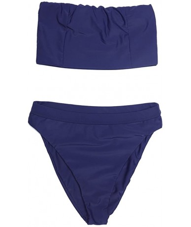 Sets Women's Bandeau High Waisted Sexy High Cut Two Pieces Bikini Swimwear Bathing Suit - Midnight Blue - CQ18E8TKDTR $43.24