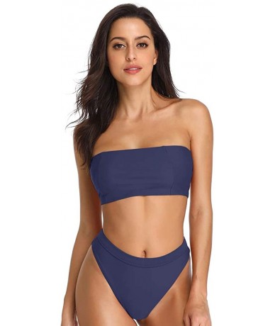 Sets Women's Bandeau High Waisted Sexy High Cut Two Pieces Bikini Swimwear Bathing Suit - Midnight Blue - CQ18E8TKDTR $43.24