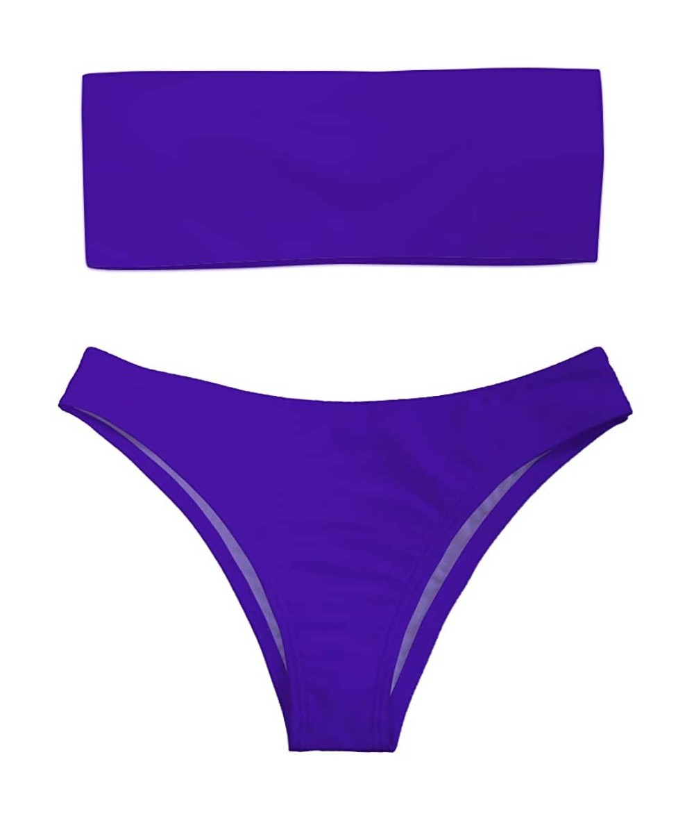 Sets Women 2 Pieces Bandeau Bikini Swimsuit Off Shoulder High Waist Bathing Suit - Violet - C118QETQESW $41.24