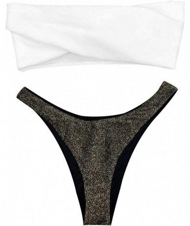 Sets Women's Wrapped Strapless Bandeau Bikini Set Glitter Brazilian Thong Cheeky Bottom - Gold - C618RZEDRDM $33.60