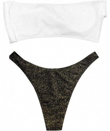 Sets Women's Wrapped Strapless Bandeau Bikini Set Glitter Brazilian Thong Cheeky Bottom - Gold - C618RZEDRDM $33.60