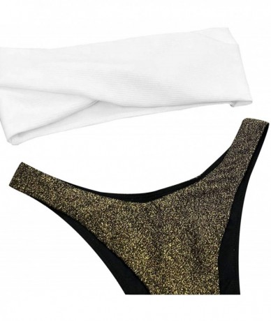 Sets Women's Wrapped Strapless Bandeau Bikini Set Glitter Brazilian Thong Cheeky Bottom - Gold - C618RZEDRDM $33.60