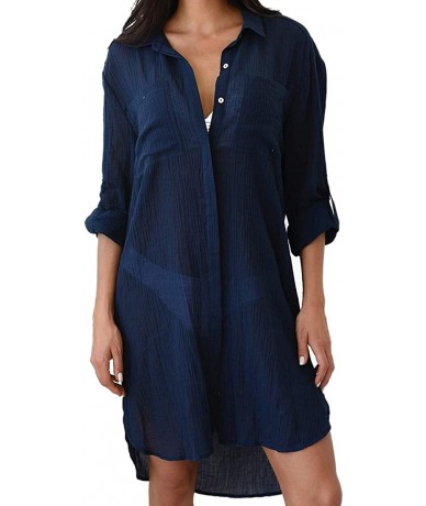 Cover-Ups Women Sexy Vogue Button Down Shirts Crinkle Chiffon Bathing Suit Cover up Beachwear - 4-dark Blue - CL192THLTSM $36.11