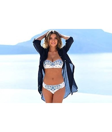 Cover-Ups Women Sexy Vogue Button Down Shirts Crinkle Chiffon Bathing Suit Cover up Beachwear - 4-dark Blue - CL192THLTSM $36.11