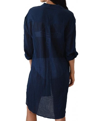 Cover-Ups Women Sexy Vogue Button Down Shirts Crinkle Chiffon Bathing Suit Cover up Beachwear - 4-dark Blue - CL192THLTSM $36.11