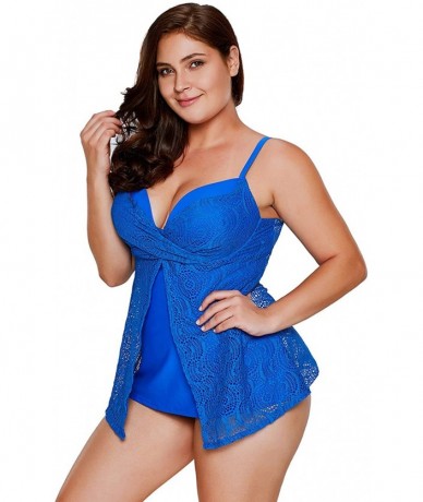 Tankinis Women's Plus Size Straps Tankini Set Two Piece Lace Flyaway Swimwear - Blue - C5188WA4GKT $33.13