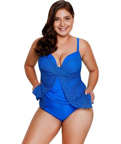 Tankinis Women's Plus Size Straps Tankini Set Two Piece Lace Flyaway Swimwear - Blue - C5188WA4GKT $33.13