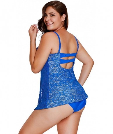 Tankinis Women's Plus Size Straps Tankini Set Two Piece Lace Flyaway Swimwear - Blue - C5188WA4GKT $33.13