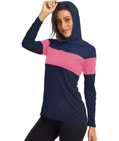 Rash Guards Women's Sun Prtection Hoodie Shirt Long Sleeve UPF 50+ Lightweight Quick Dry Outdoor T-Shirts - Navy Rosy - CG190...