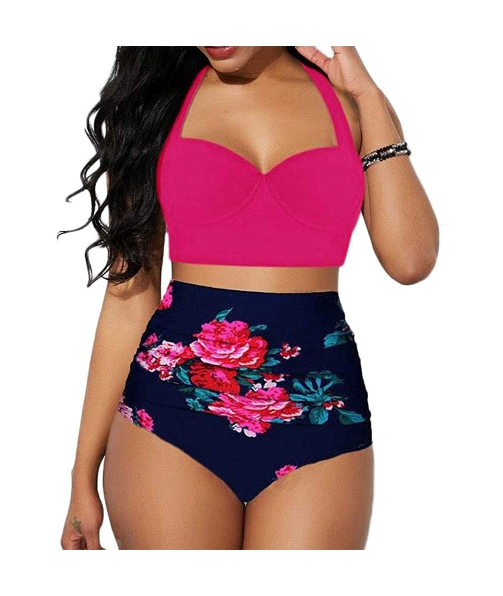 Sets Women Sexy Swimsuit Sunflower Bikini High Waist Swimsuit Set Bathing Suit Swimwear Beachwear - Rose Red - CA196WW3G3R $3...