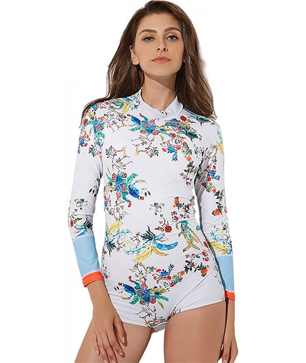 One-Pieces Women Floral Long Sleeve Zip UV Protection One Piece Rash Guard Swimsuit Sun Protection Surfing Swimwear Bathing S...