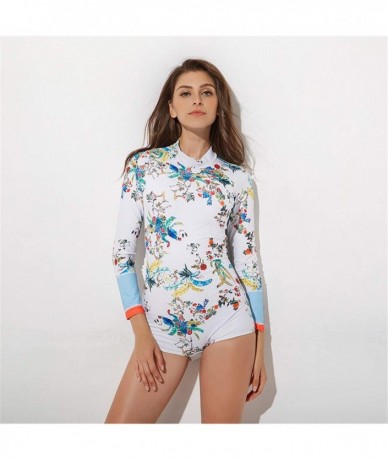 One-Pieces Women Floral Long Sleeve Zip UV Protection One Piece Rash Guard Swimsuit Sun Protection Surfing Swimwear Bathing S...