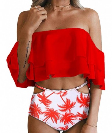 Sets Women Two Piece Off Shoulder Ruched Double Ruffled Flounce Crop Top andPrint Cut Out Bottoms Bikini Set G red Tree - CH1...