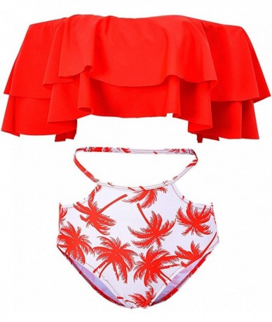 Sets Women Two Piece Off Shoulder Ruched Double Ruffled Flounce Crop Top andPrint Cut Out Bottoms Bikini Set G red Tree - CH1...