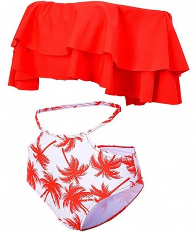 Sets Women Two Piece Off Shoulder Ruched Double Ruffled Flounce Crop Top andPrint Cut Out Bottoms Bikini Set G red Tree - CH1...