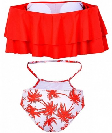 Sets Women Two Piece Off Shoulder Ruched Double Ruffled Flounce Crop Top andPrint Cut Out Bottoms Bikini Set G red Tree - CH1...