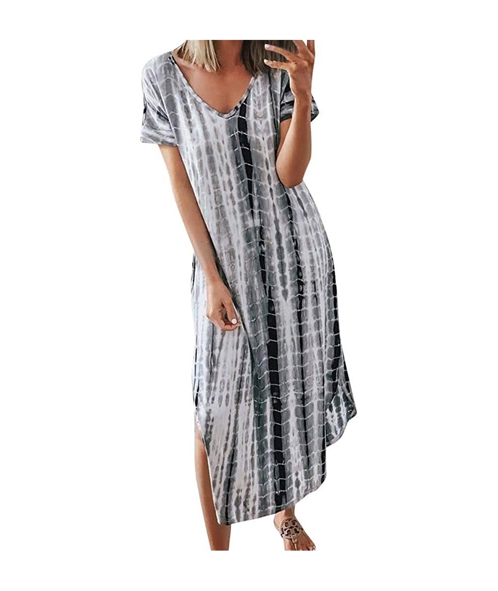 Cover-Ups Summer Dresses for Women Plus Size V Neck Tie Dyeing Print Dress Casual Short Sleeve Dress Beach Boho Dress Black -...