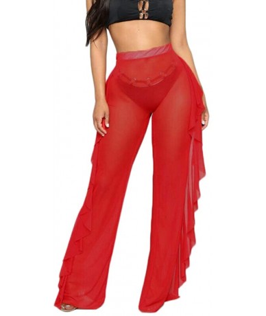 Cover-Ups Women Sexy Perspective Mesh Sheer Swim Pants Bikini Bottom Cover Up - Red 2 - CD18RIURAEC $21.78