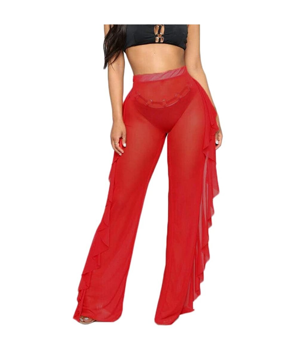 Cover-Ups Women Sexy Perspective Mesh Sheer Swim Pants Bikini Bottom Cover Up - Red 2 - CD18RIURAEC $21.78